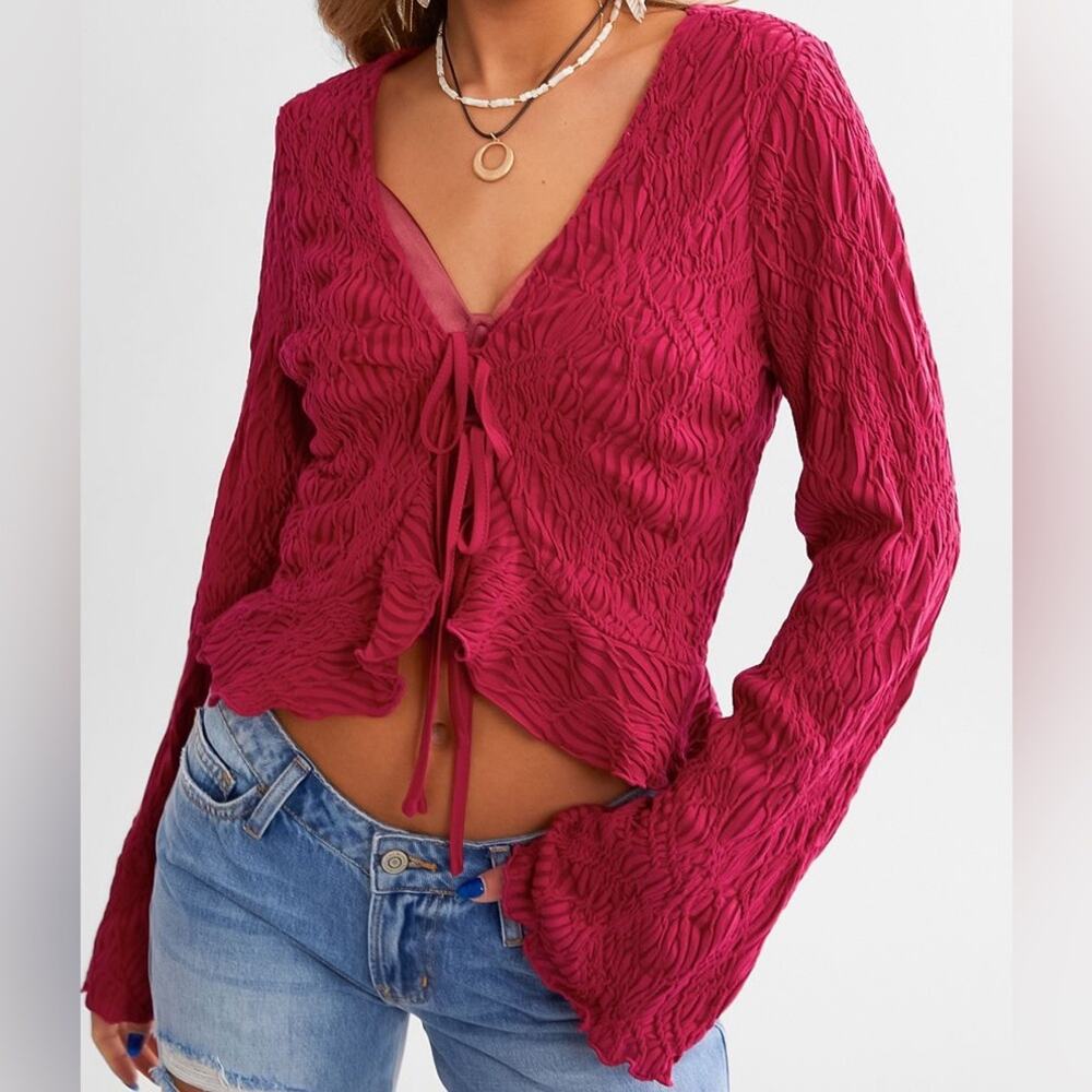 Willow & Root Textured Open Front Tie Cropped Ruffle Top XS